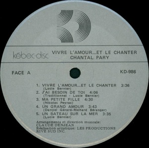 Pary chantal vivre l'amour et le chanter 1980 disque face a